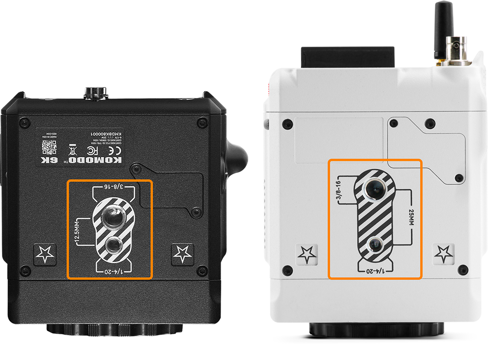 Highlighting the different screw spacing of the KOMODO (12.5mm) & KOMODO-X (25mm)